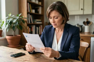 Femme vérifiant un courrier de La Banque Postale à domicile pour éviter les arnaques bancaires à distance