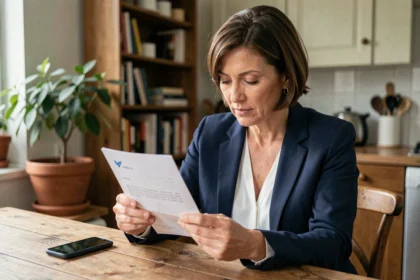 Femme vérifiant un courrier de La Banque Postale à domicile pour éviter les arnaques bancaires à distance