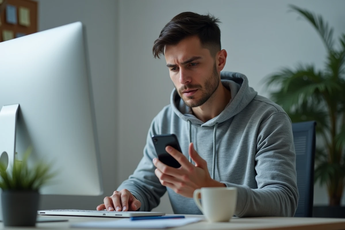 Homme vérifiant une notification de transaction suspecte sur son smartphone et ordinateur pour identifier une fraude bancaire en ligne