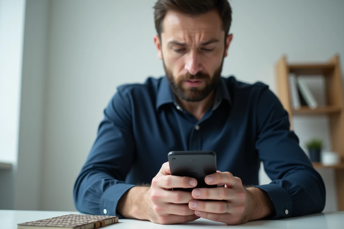 Jeune homme vérifiant l'absence de virement Pôle emploi sur son application bancaire depuis son domicile