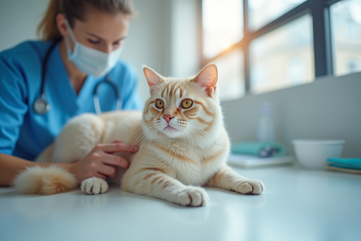 Vétérinaire examinant un chat calme en clinique moderne