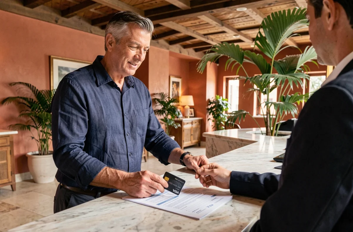 Voyageur tenant une carte Visa Infinite à la réception d'un hôtel à l'étranger pour vérifier sa couverture d'assurance